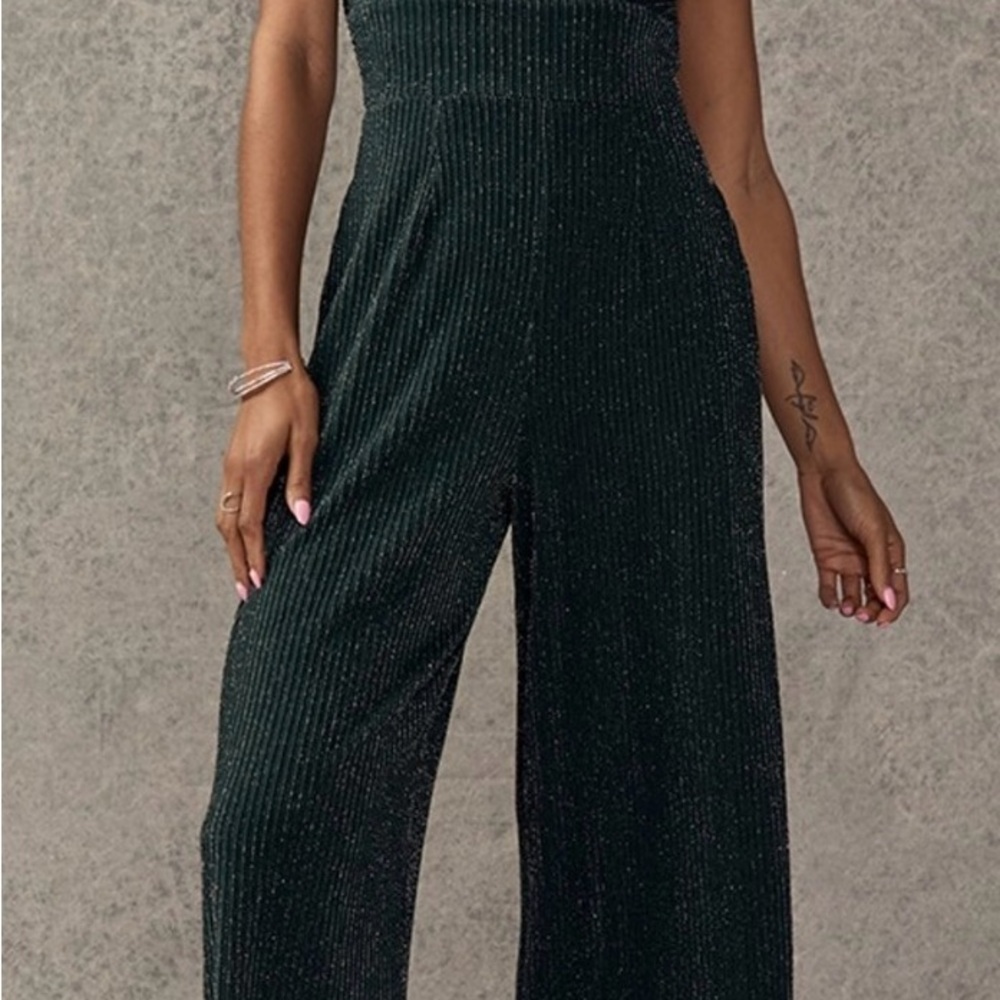 New Francesca’s Dee Square Neck Glitter Elegant Dark Green Jumpsuit Size Small - Picture 3 of 6